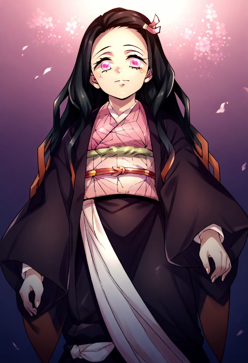 (zPDXL3),
(zPDXLxxx),
score_9, score_8_up, score_7_up,
Kamado_Nezuko,
Kimetsu no Yaiba,
pink_eyes, black_hair, long_hair, gradient_hair, flat_chest,
pink_eyes, black_hair, long_hair, gradient_hair, flat_chest, hair_ribbon, pink_kimono, chekered_sash, wide_sleeves, haori,
middle shot,
from below,