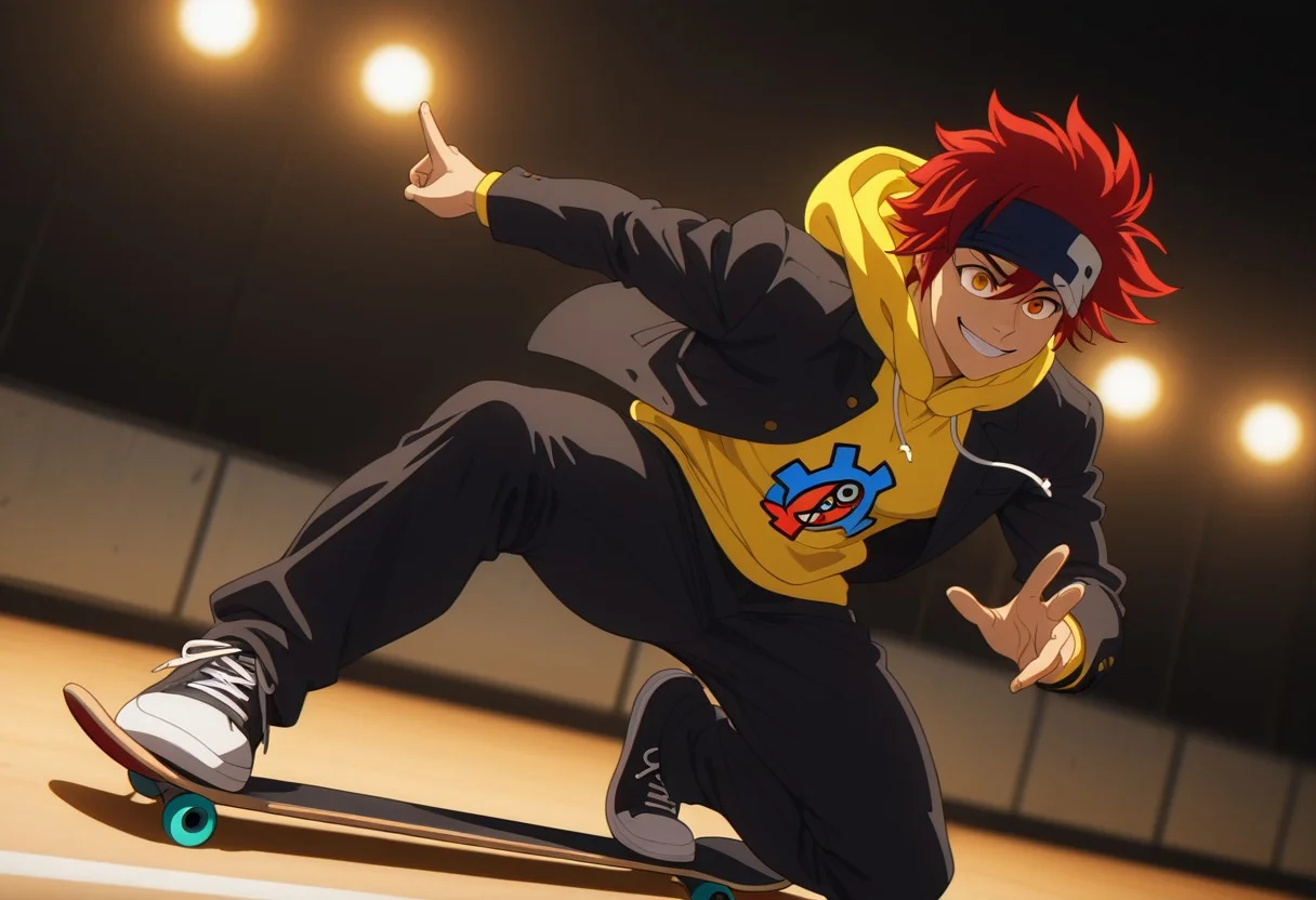 embedding:lazypos, Masterpiece, Best Quality, male focus, score_9, score_8_up, score_7_up, solo,  dynamic angle, dynamic lighting, 
BREAK, 
1boy, Reki Kyan, amber eyes, red hair, headband, full body, fit body, athletic, pecs, broad shoulders, black jacket over a yellow hoodie, black pants, performing kick flick with a skateboard, in the air
BREAK,
in a skate park, smiling, beaming smile