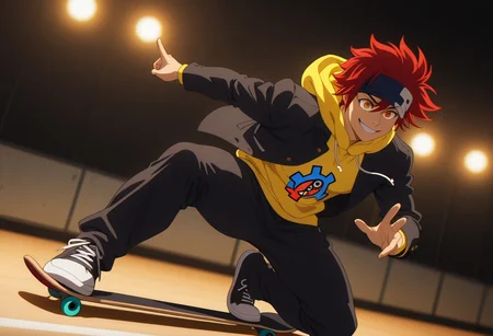 embedding:lazypos, Masterpiece, Best Quality, male focus, score_9, score_8_up, score_7_up, solo, dynamic angle, dynamic lighting,
BREAK,
1boy, Reki Kyan, amber eyes, red hair, headband, full body, fit body, athletic, pecs, broad shoulders, black jacket over a yellow hoodie, black pants, performing kick flick with a skateboard, in the air
BREAK,
in a skate park, smiling, beaming smile