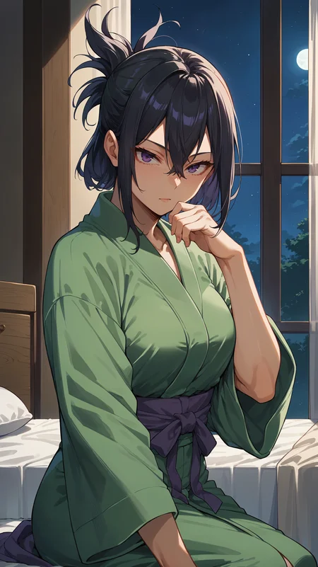 score_9,score_8_up,score_7_up,score_6_up, <lora:xl_more_art-full_v1:0.5>, source_anime, woman, dynamic pose, resting on a diagonal, <lora:Nana Shimura - Pony-000004:0.8>, black hair, hair between eyes, short ponytail, purple eyes, green bathrobe, bedroom, shoji wall, dark room, night time, moonlight,