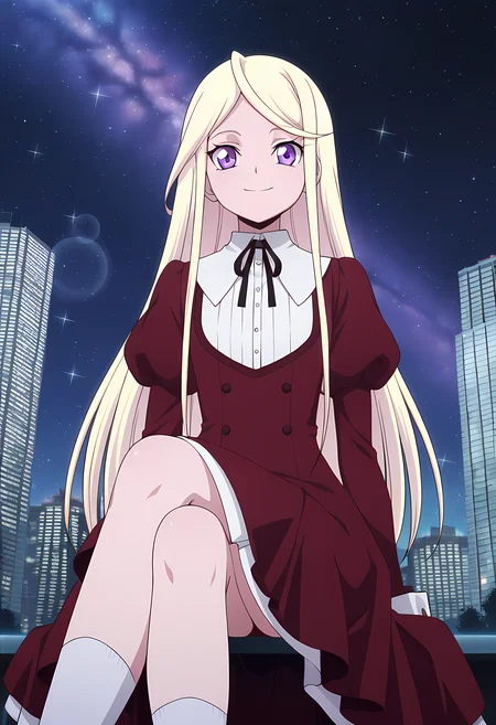 masterpiece,best quality,amazing quality,
1girl, solo,
Senka Kanae (Cardfight Vanguard), blonde hair, long hair, purple eyes, red dress, neck ribbon, black ribbon, buttons, long sleeves, juliet sleeves, puffy sleeves, white socks,
Smile, looking at viewer,
cinematic, cross legs, crossing legs,
Outdoors, On top skyscraper, sci-fi city, star (sky),
Lens flare, bloom,
Official style, anime screencap, anime coloring,