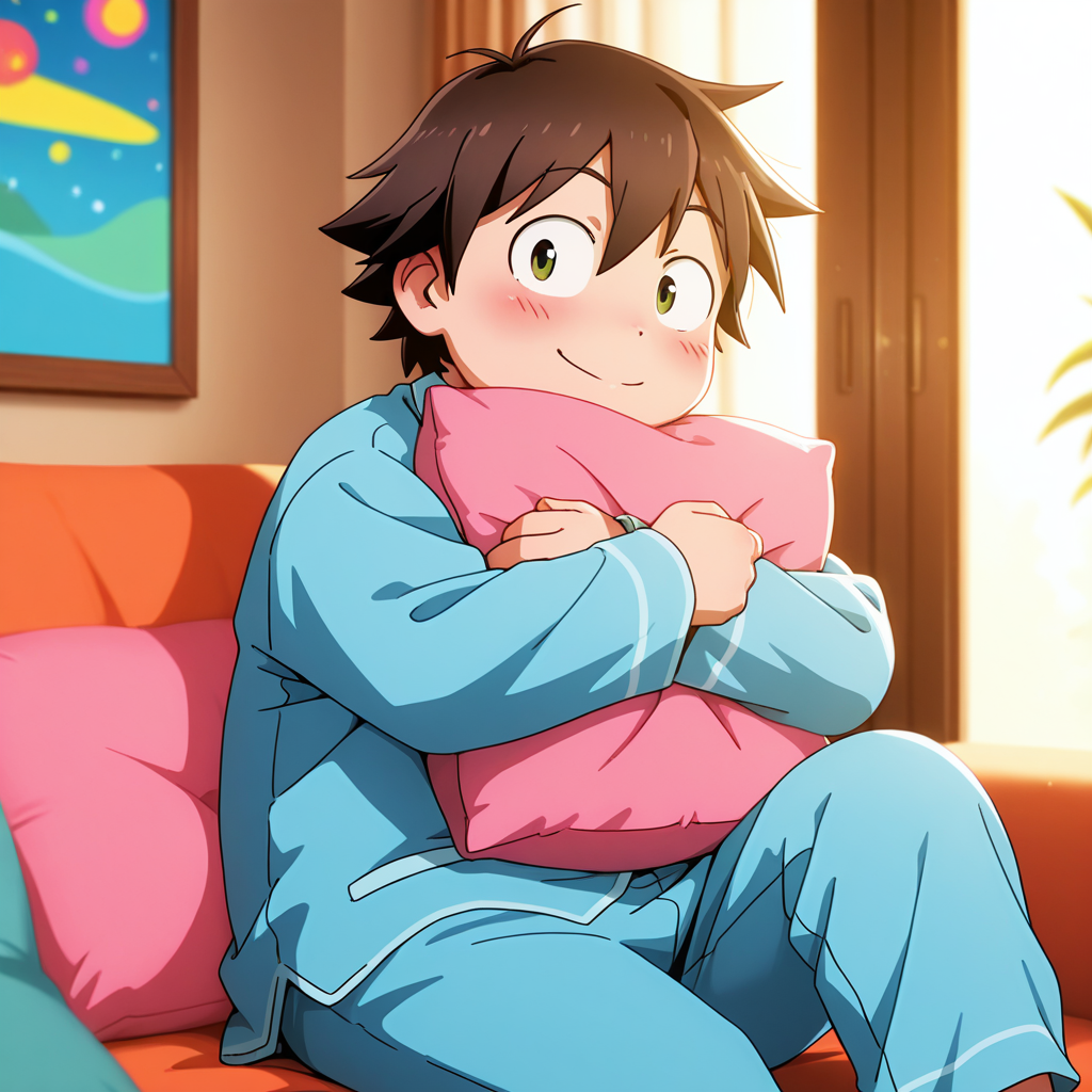 deep contrast, luminous lighting, cinematic ambiance, best quality, colorful, masterpiece, detailed_background, <lora:haruhi-v2:0.9> (awharuyukia), aged_up, chubby, 1boy, solo focus, sitting, knee up, pajamas, pillow hug, smile, blush, blue pajamas, indoors,