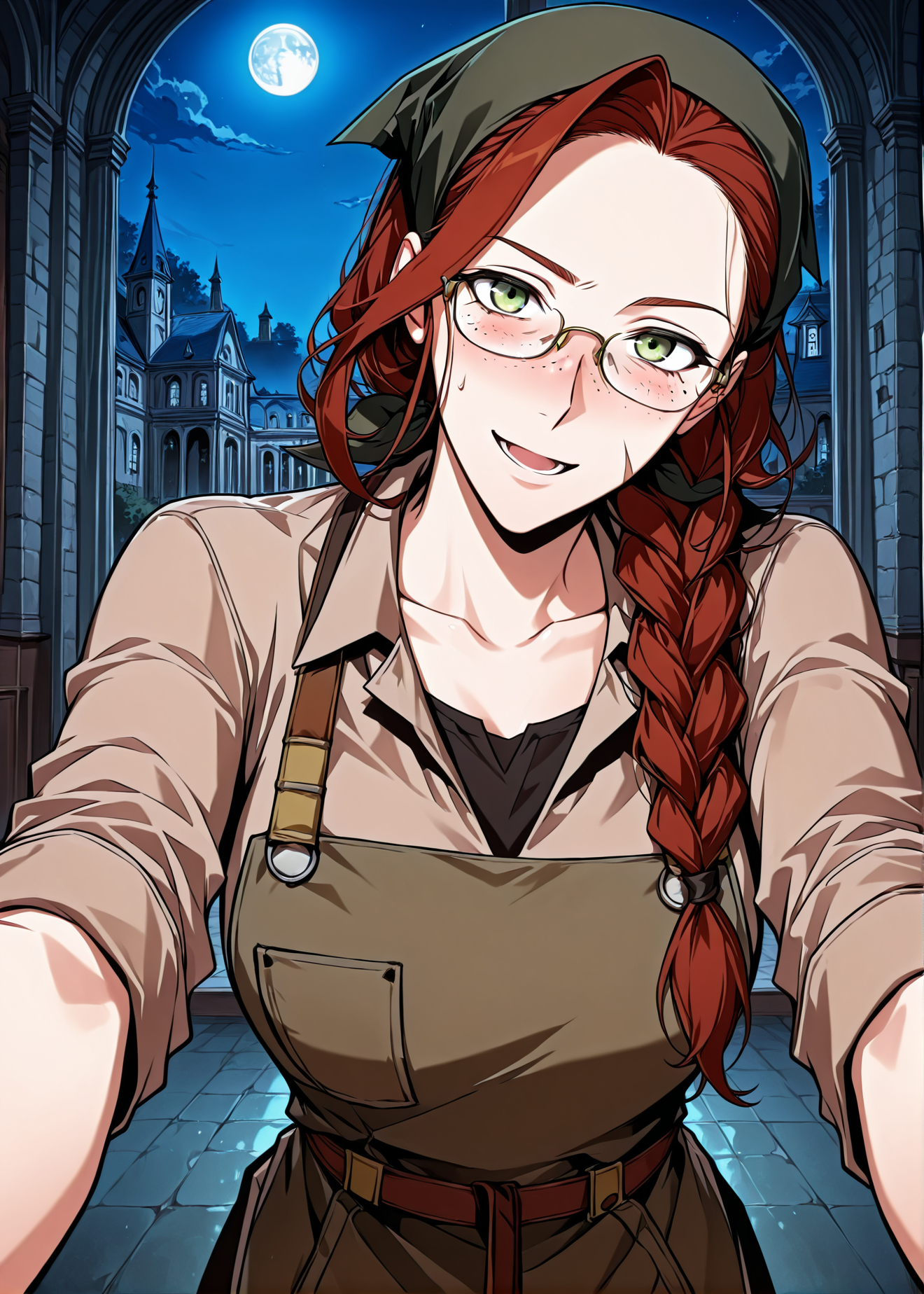 <lora:Eileen_Makefield__Omniscient_Readers_Viewpoint__Illustrious:1>
1 girl, solo, green eyes, red hair, brown hair, braid, single braid, long hair, freckles, head scarf, hair over shoulder, scar on face, braided ponytail,
black shirt, brown shirt, collared shirt, glasses, bandana, brown apron, collarbone, sleeves rolled up, 
score_9, score_8_up, score_7_up, score_6_up, source_anime, rating_explicit, 1girl, solo, smile, embarrassed, alcalose eyes, open mouth, mansion, indoors, looking at viewer, outstretched arms, pov, close-up, (head tilt:1.2)), night, blue moon, <lora:iLLMythG0thicL1nes:1>