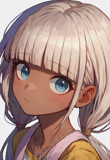 score_9_up score_8_up score_7_up, portrait, simple background
BREAK
score_9_up score_8_up score_7_up, yonaga angie, 1girl, bangs, long hair, grey hair, dark skin, dark-skinned female, twintails, blue eyes, blunt bangs, low twintails white hair
<lora:danganranpa_v3_pony_d16:1>
