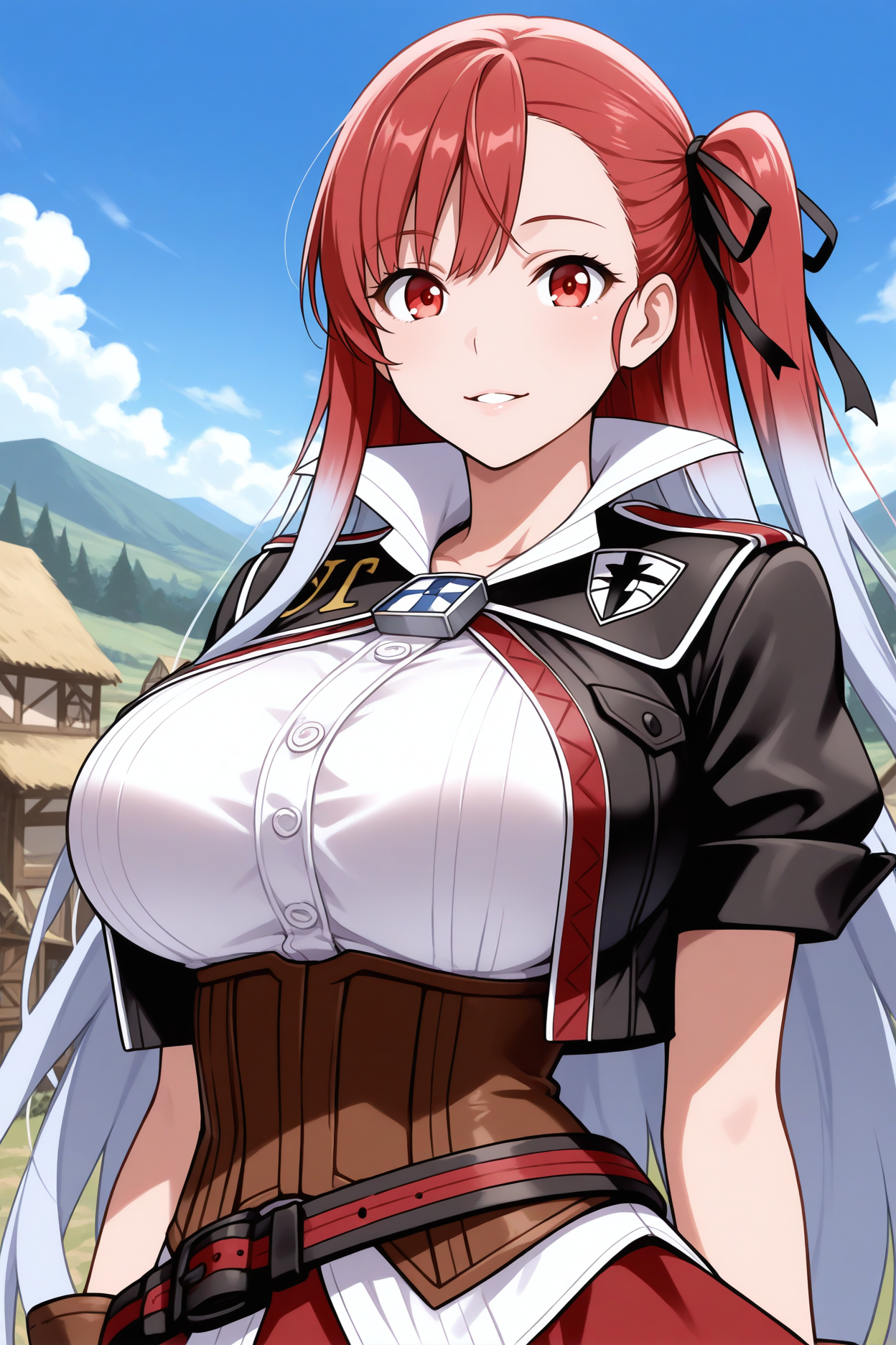 masterpiece, best quality, 1girl, solo,  <lora:vcriela-illu-nvwls-v1-000006:1> rlmrc, red hair, silver hair, multicolored hair, one side up, very long hair, red eyes, hair ribbon, big breasts, black jacket, cropped jacket, short sleeves, white shirt, popped collar, brown corset, belt, red skirt, brown gloves, looking at viewer, smile, blue sky, parted lips, village, clouds, upper body