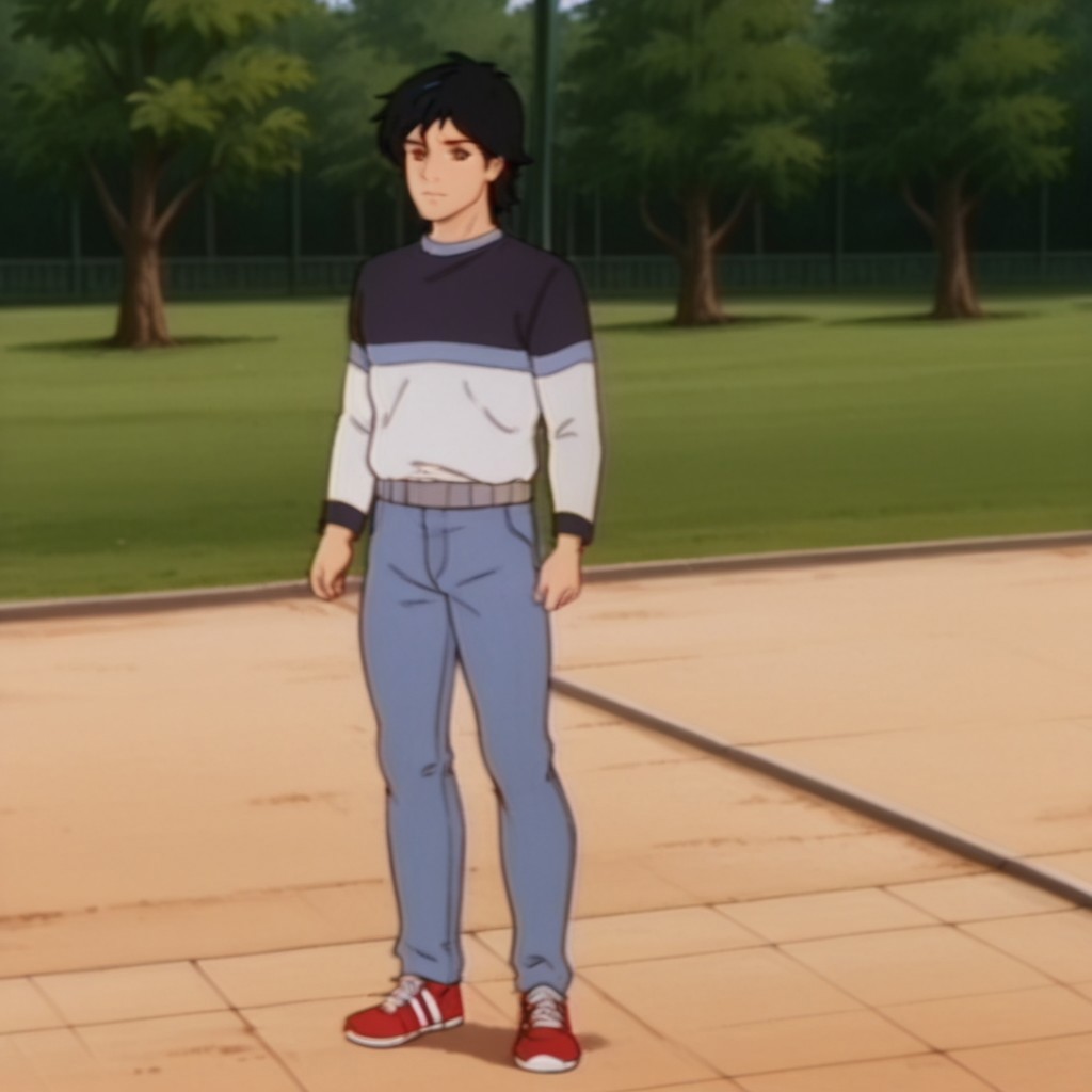 masterpiece, best quality, amazing quality, DavidDsil, human, male, black hair, blue highlight, brown eyes, , striped shirt, long sleeves, blue jeans, red and white shoes, in a park, standing, 1boy, solo,