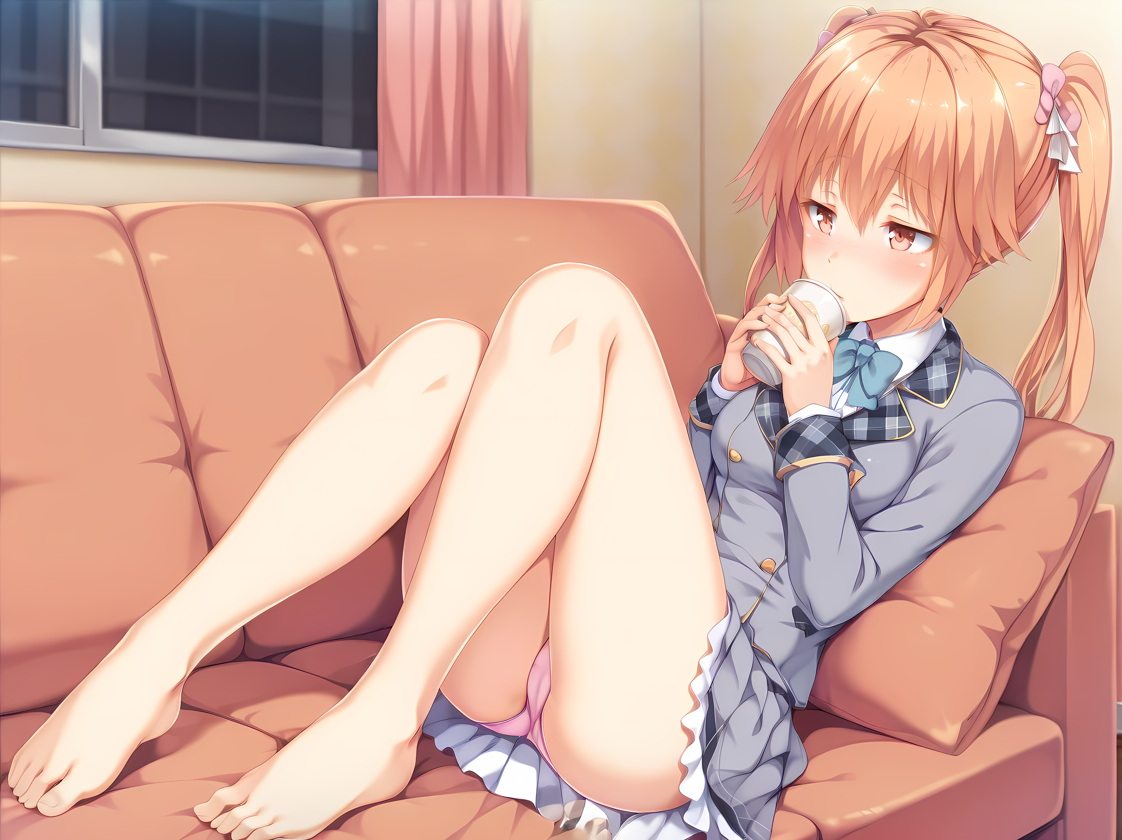<lora:Kirishima_Reon_-_Yamizome_Revenger_-_Escude:1>,escude,reon,school outfit,medium breasts,indoors,on couch,drinking,hot chocolate,barefoot,knees up, panties, window, curtains,, masterpiece,best quality,amazing quality,