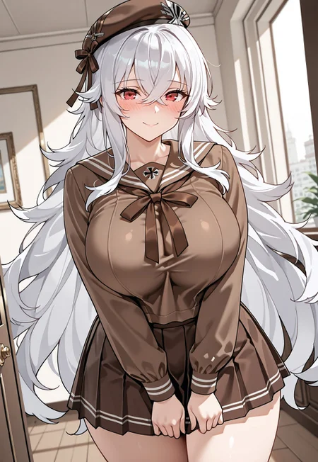 masterpiece, best quality, amazing quality, very aesthetic, absurdres, dynamic pose, dynamic angle, indoors, 1girl, solo, graf zeppelin \(azur lane\), curvy, beautiful face, highly detailed faces and eyes, shy, blush, smile, serafuku, long sleeves, beret, brown skirt, brown shirt, brown ribbon