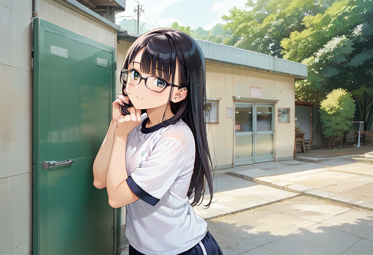 score_9, score_8_up, score_7_up, rating_safe, masterpiece, best quality, absurdres, unity 8k wallpaper, official art, official style, source_anime, uncensored, game cg, megami magazine,
1girl, solo, glasses, black hair, long hair, gym uniform, sportswear, looking at viewer, blush, hand on own cheek, 
taikusouko, multiple girls, door, exterior, outdoors, 
 <lora:gakkou_taiikusouko_PONY_V1:1>