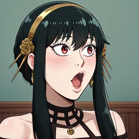 masterpiece, best quality, newest, absurdres, highres, anime, anime style, POG-V1.0IL, pogchamp (meme), meme, :o, 1girl, yor_briar, spy_x_family, black_hair, red_eyes, black dress,