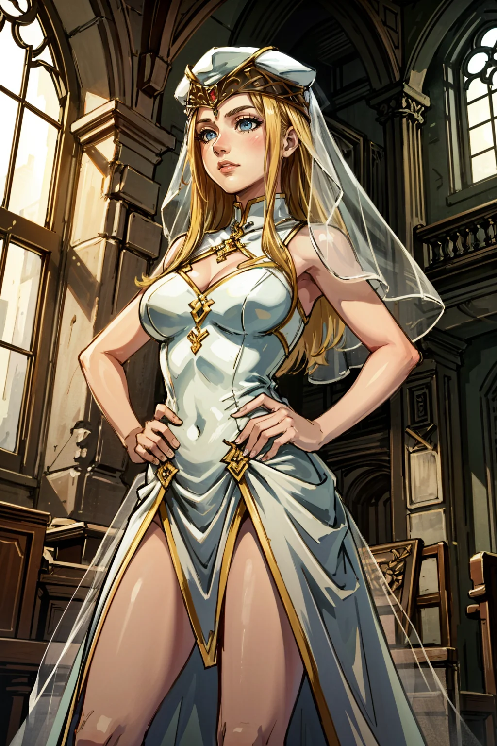 ((masterpiece, best quality))
<lora:ValkyrieProfileFreya:0.8>
ValkyrieProfileFreya, 1girl, solo, long hair, blonde hair, blue eyes, wearing a stunning wedding dress, bridal veil, inside a beautiful church, with hands on hips