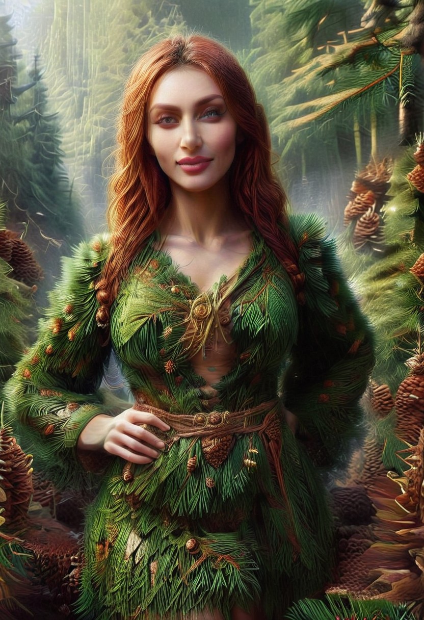dawn, dark pine forest, colorful dress, perfect picture, (anatomically correct:1.7), score_9, score_8_up, score_7_up, score_6_up, score_5_up, score_4_up, UHD, 8K, masterpiece, detailed, ultra_high_resolution, lots of detail, OverallDetailXL, detailxl, Sci-fi Environments, epiCPhotoGasm-colorfulPhoto. style-empire, colorful style, 1woman, curvy, narrow waist, full lips, (red lips), flowing hair, (natural  eyes:1.3), full smile, mature female, milf, motherly. 32 years old, fir needles, fir needle style, fir needle, (long skirt made out of fir needles:2), (long skirt:2.2), (fully dressed:2), (covered body:1.8), (fully covered breasts:1.5), high neck closure, add-detail-xl, short puffy sleeves, Cambodian woman, long hair, light brown hair, small waist, wide hips, high cheekbones, golden glow, (Auntie Flatts:1.12), (blouse made out of pine cones:2).