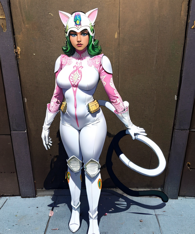 KittyN,  blue eyes, white and pink bodysuit, tail,  ((white helmet))  helmet with cat ears,  green hair under helmet, white gloves and boots, standing, posing,
(insanely detailed, beautiful detailed face, masterpiece, best quality)  intricate details,   <lora:Kitty-N-10:0.7>