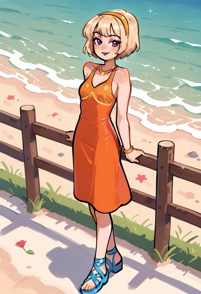 (masterpiece), (best quality), (impressionism:1.5), highly detailed, dynamic angle, 1girl, full body, (view from the side), fair skin,
Rose Lalonde, blonde hair, short hair, bob cut, hairband, smile, closed mouth, full lips, smile, gold necklace, gold bracelets,
medium chest, beautiful woman, looking at the viewer,
summer clothes, sunny weather, orange sundress, blue sandals, standing on a seaside road, beach behind her, tufts of grass, she is resting against a wooden fence,
very aesthetic composition, kaatokun