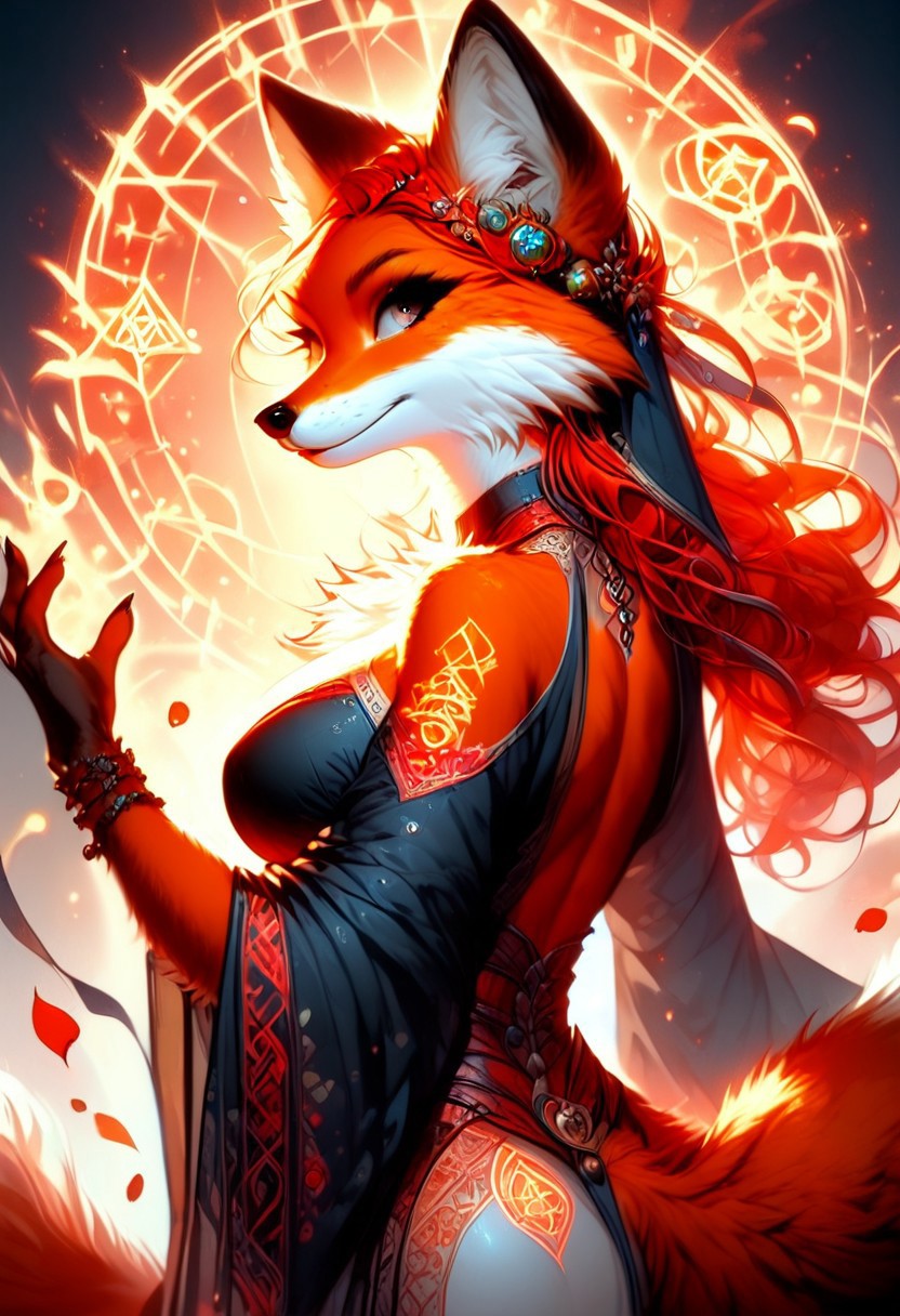 score_9, score_8_up, score_7_up, dancing dynamic pose,large breasts, slim waist, red hair, solo, anthro,fox,female,foxfolk,(red and orange fur, thick fur:1.3, extreamly detailed fur, soft fur),large breasts, slim waist, peach ass, sorceress, cleavage cut out, magical robes,Glowing runes on robes, Glowing Runes ,Glowing Rune Circle,  dynamic angle from back, looking back at viewer,magical athmosphere, realisitc,