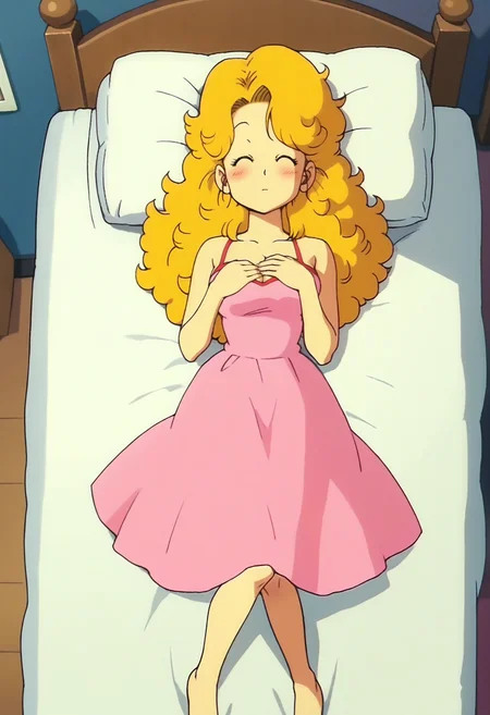 score_9, score_8_up, score_7_up, score_6_up, anime screencap, anime coloring, <lora:DBExtraGirlMidoriN:0.9>, DBExtraGirlMidoriN, blonde hair, closed eyes, long hair, curly hair, medium breasts,
pink dress, cleavage, bare shoulders, barefoot,
lying, from above, on bed, blush, full body, hand on own chest, sleeping,
BREAK bed, indoors, dark background,