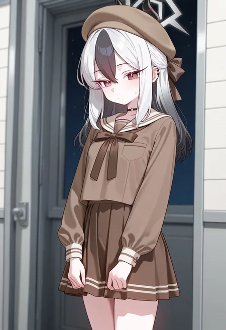 masterpiece,best quality,amazing quality, 1girl, kayoko blue archive, 1girl, serafuku, long sleeves, beret, brown skirt, brown shirt, brown ribbon