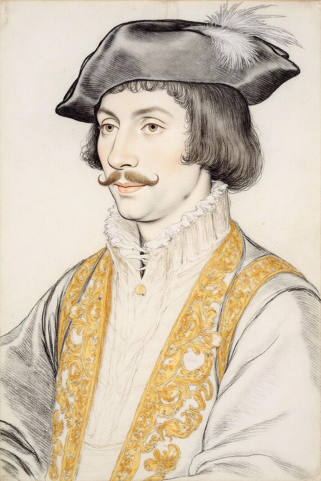 hansho1 monochromatic pencil drawing,
portrait of a dashing young man dressed in elaborate 17th-century attire, inspired by The Laughing Cavalier by Frans Hals. The man gazes confidently at the viewer with a mischievous smile, his eyes twinkling with charm and good humor. He wears a richly embroidered doublet adorned with intricate patterns, including golden scrolls, flowers, and symbols, rendered with exquisite detail. His wide-brimmed, black felt hat, trimmed with a soft feather, adds an air of sophistication, while a crisp white ruffled collar frames his face, contrasting against his dark, curly hair and carefully groomed mustache. <lora:hansho2_nocap_d6a3e12:1.0><lora:817317068232977849:0>