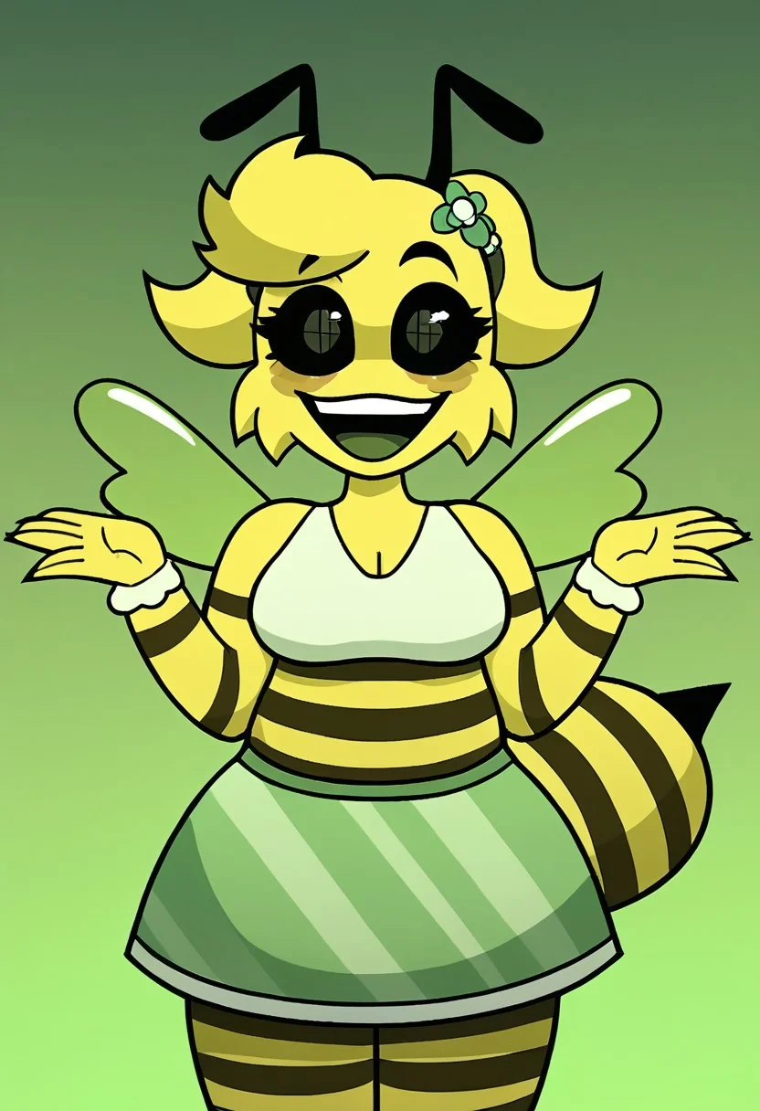score_9, score_8_up, score_7_up BREAK source_anime, high quality, best quality, masterpiece, bwesweesbizznip, ocbweswees, 1girl, solo, twintails, athropod girl, bee, bee girl, stinger, wings, yellow fur, hair flower, hair ornament, colored sclera, black sclera, anthro, antennae, bra, crop top, sleeveless, skirt, cowboy shot, smile, looking at viewer, shrug, shrugging, smile, open mouth, gradient background, green background