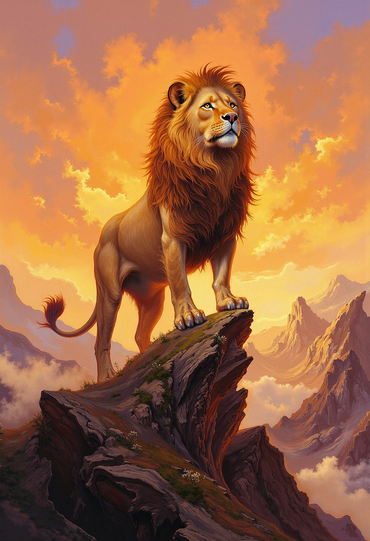 A majestic lion with golden fur stands on top of a jagged mountain peak. His mane billows in the wind, reflecting the warm light of a setting sun. The lion's eyes glow with a fierce intensity, and his stance is powerful, one paw slightly raised as if surveying his domain. The surrounding mountains are rugged and steep, with mist rising from the valleys below, creating a dramatic contrast with the fiery sky above.    <lora:FLUX-daubrez-DB4RZ:0.93> DB4RZ, DB4RZ style painting, <lora:ARTifacts:0.66>