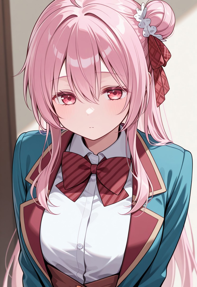 masterpiece, best quality, 32k, high resolution, absurdres, matsuzaka satou, blue jacket, striped bow, upper body, bow
blazer, red bowtie, plaid bow, open clothes, striped bowtie, hair ornament