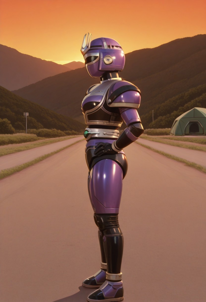 anime screencap, anime coloring,
solo, 1girl,  (covered neck), BREAK
Tent0u, cosplay, tokusatsu, solo, armor, bodysuit, shoulder pad, belt, boots, hand on hips, from side,  outdoors, road, sunset, dramatic lighting