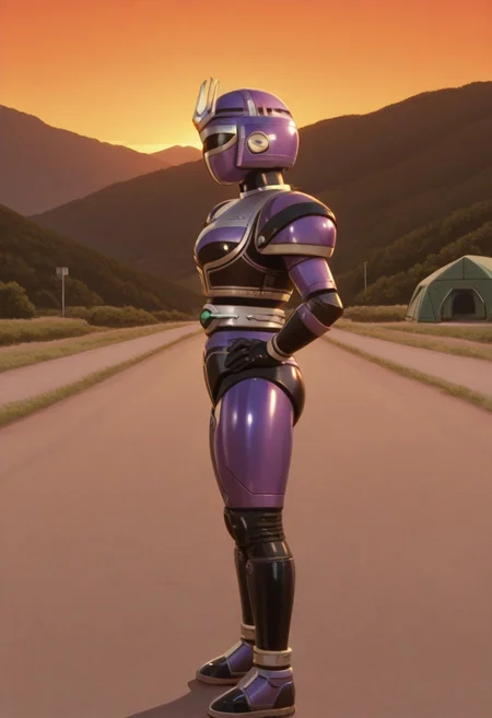 anime screencap, anime coloring,
solo, 1girl, (covered neck), BREAK
Tent0u, cosplay, tokusatsu, solo, armor, bodysuit, shoulder pad, belt, boots, hand on hips, from side, outdoors, road, sunset, dramatic lighting