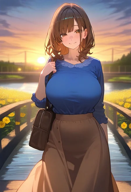 masterpiece,best quality,amazing quality,absurdres, <lora:TRT(Illust)0.1v:1>,
1girl, solo, looking at viewer, blush, smile, shirt, skirt, brown hair, holding, closed mouth, large breasts,  brown eyes, standing, flower, outdoors, medium hair, bag, blurry, blurry background, depth of field, blue shirt, long skirt, brown skirt, sunset, bridge, river