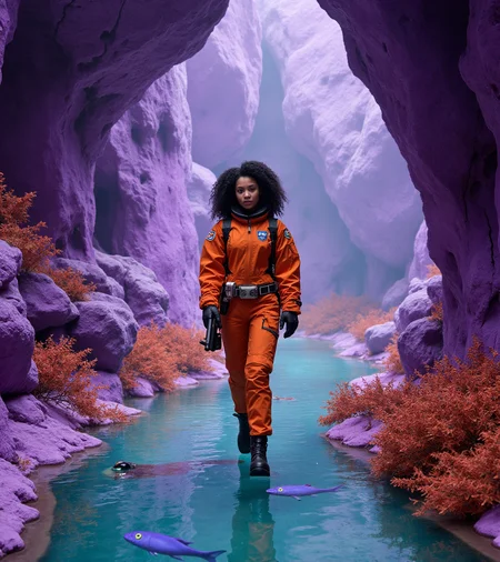 futuristic style, futuristic, fantastic, closeup, indoors, purple geometric cave, deep cave, rocks, puprle terrain,orange and brown alien plants, sky-blue river, (crystalline depths, blue and green crystals:1.15),, a 25yo british spacewoman with black curly hair, thin nose, full lips, in orange spacesuit,  holding gun, walking forth,, big red alien bugs surround her,, big blue electric alien fish with yellow glowing eyes swimming the river, (insane details:1.4), best quality, natural lights, glowing lights, cinematic lights, cinematic shadows, sharp focus on the spacewoman, <lora:flux-photo:1>,  <lora:sameface2:-0.8> woman