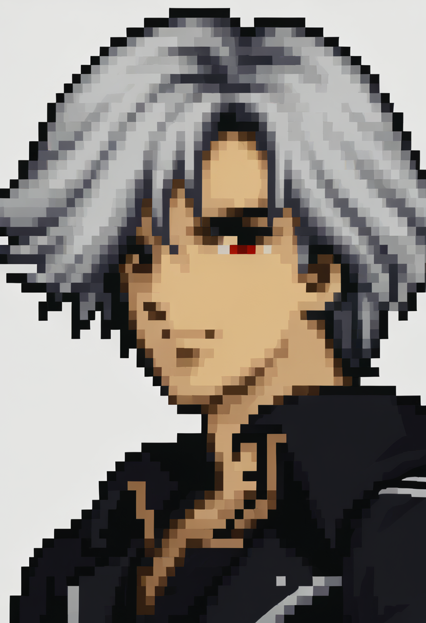 score_9, score_8_up, score_7_up, source_anime, 1boy, solo,
<lora:zs_FE4PortraitsXL:1> fe4portraits, portrait, pixel art, white background
 <lora:rean-pdxl-nvwls-v1:1>  sen4rean, white hair, red eyes, black coat,
