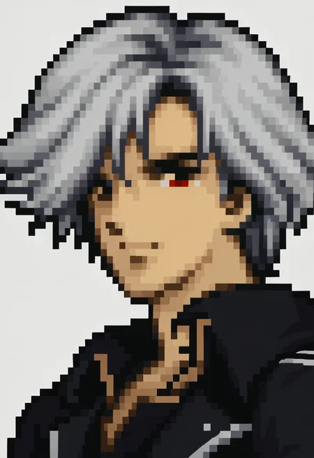 score_9, score_8_up, score_7_up, source_anime, 1boy, solo,
<lora:zs_FE4PortraitsXL:1> fe4portraits, portrait, pixel art, white background
 <lora:rean-pdxl-nvwls-v1:1>  sen4rean, white hair, red eyes, black coat,