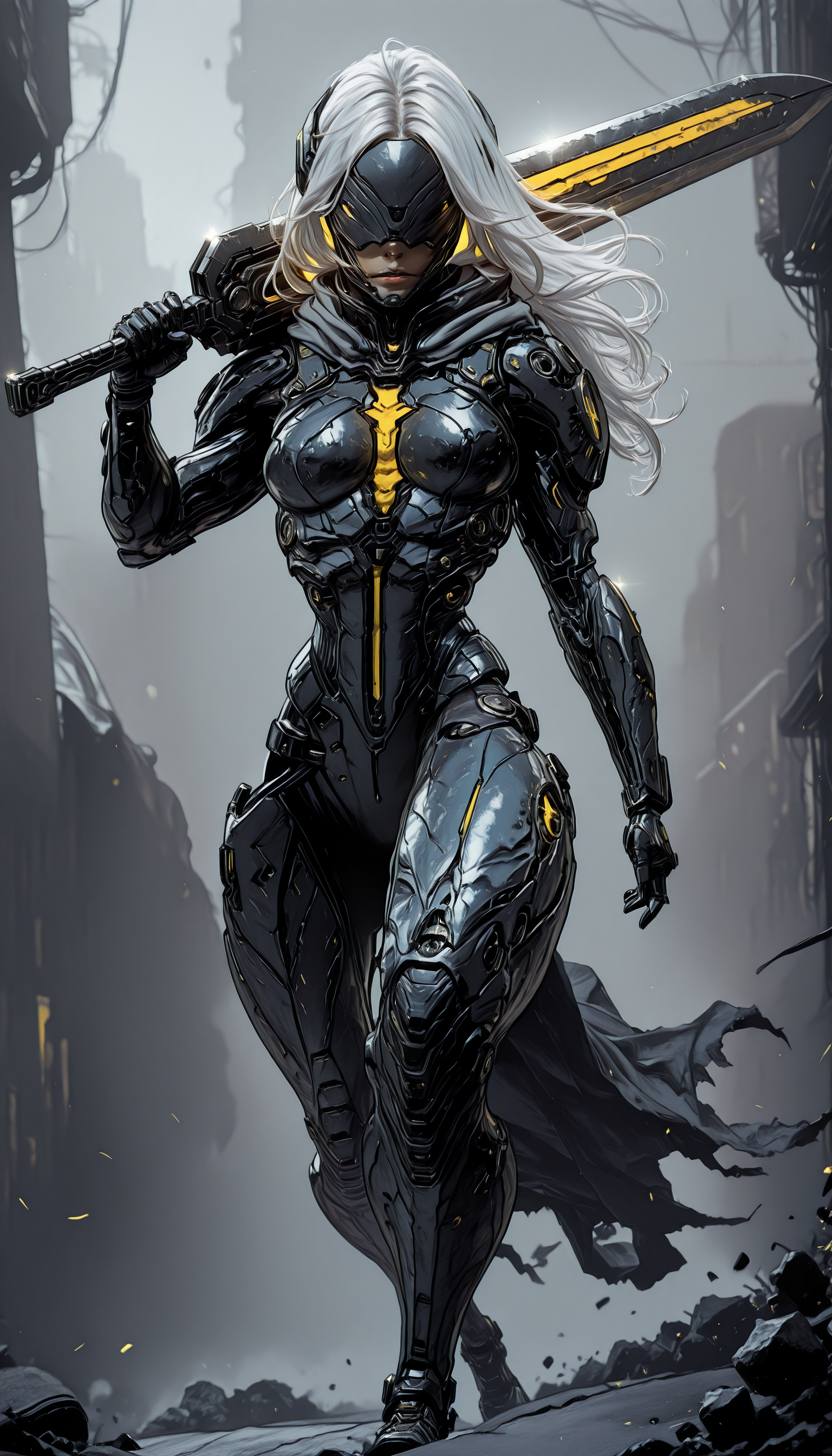 An4chr0t3ch,, covered eyes, headgear,,    holding weapon, fighting stance, holding  buster sword,huge weapon,, WCG-Illu,, kaarea masterpiece, best quality, high quality, ultra-detailed, realistic,  traditional media, vivid_color, high contrast, speed lines, move_effects, action Create a detailed digital artwork of a futuristic armored figure standing in a desolate, industrial setting. The figure is clad in sleek, dark metallic armor with a cross emblem on the chest and a flowing cape that billows behind them. The armor is adorned with various mechanical components, and the figure wields a long, sharp weapon with a metallic sheen. The background is a muted gray, with a structure that appears to be part of a larger industrial facility, and there are yellow and black stripes on the ground. The overall color palette is dominated by shades of gray, black, and silver, with splashes of white and yellow. The style of the artwork leans towards a cyberpunk or dystopian theme, with the figure exuding a sense of readiness and vigilance. 1girl, solo, long_hair, breasts, holding, full_body, white_hair, weapon, sword, holding_weapon, armor, mask, bodysuit, holding_sword, science_fiction, walking, over_shoulder, cyborg, weapon_over_shoulder, cyberpunk, An4chr0t3ch,, covered eyes, headgear,,    holding weapon, fighting stance, holding  buster sword,huge weapon,, WCG-Illu,, kaarea