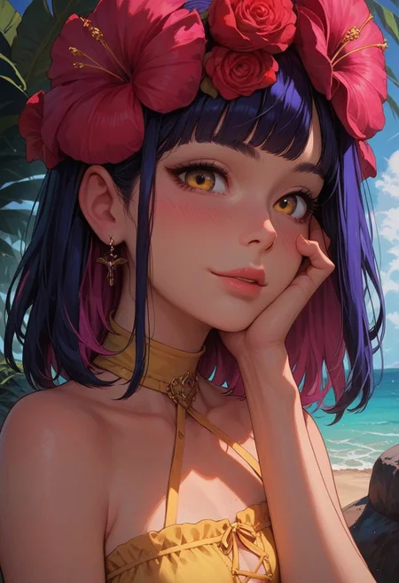 score_9_up, score_8_up, score_7_up, score_6_up, 1girl, 25 years old, perfect face, cute, petite,
detailed face, blush, shy smile, portrait, face focus, depth of field, looking at viewer, close up,
yellow eyes,
medium hair, multicolored hair, pink hair, purple hair, blue hair, hair flower, bangs,
tucking hair,
yellow sundress, sleeveless dress, strapless dress, hand on own ear,
beach