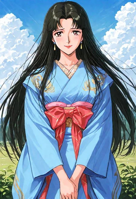RTKXI style, 1990s_\(style\),retro_artstyle,1woman,mature female,black_hair,long_hair,bangs,blue_Japanese_Kimono,earrings,looking at viewer,,(detailed face,shy,smile,red_lips), ,outdoor,blue_sky,cloud,BREAK score_9, score_8_up, score_7_up, source_anime,masterpiece, best quality,official art,perfect_anatomy
(best quality) , (highly detailed) ,((masterpiece)), ((best quality)), (ultra-detailed), ((extremely detailed)), (high resolution), 4K, (8K), best quality, (beautiful), (dynamic lighting),