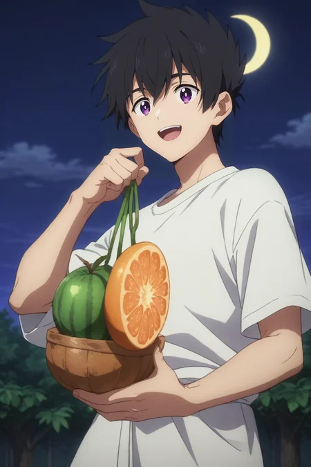 score_9, score_8_up, score_7_up, , rating_safe, , anime screencap, anime coloring, , , depth of field, 1boy, solo, male focus, <lora:ryuunosuke_minakata_pony:0.82>, ryuunosuke_minakata, black hair, purple eyes, short hair, bangs, hair between eyes, wide angle, wide shot, cowboy shot, machu picchu, night, crescent moon, holding weapon, laughing, fruits costume, <lora:sdxl_lightning_8step_lora:1>