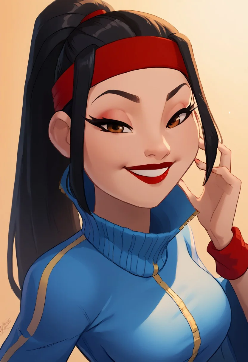 score_9, score_8_up, score_7_up, ultra quality, solo, 1girl, chang'e_tt, 1girl, asian, high ponytail (black hair, red headband), big eyelashes, brown eyes, makeup, red eyeshadow, red lipstick, red nails, red wristbands, blue track jacket (turtleneck, wide sleeves), light blue spandex, smug smile, big hips, big butt, bubble butt, breasts, narrow waist, curvy, score_9, score_8_up, score_7_up, score_6_up, looking at the viewer, standing, close up, face focus, aeolus06