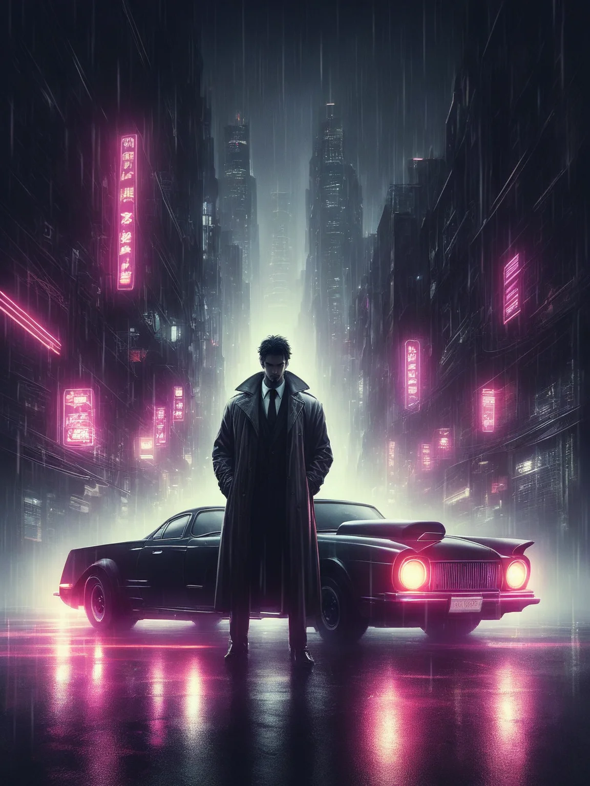 score_9, score_8_up, score_7_up, source_anime, man wearing a trench coat holding a gun in front of a car, rain, 1940, noir <lora:Neon_Noir_Pony:0.8>