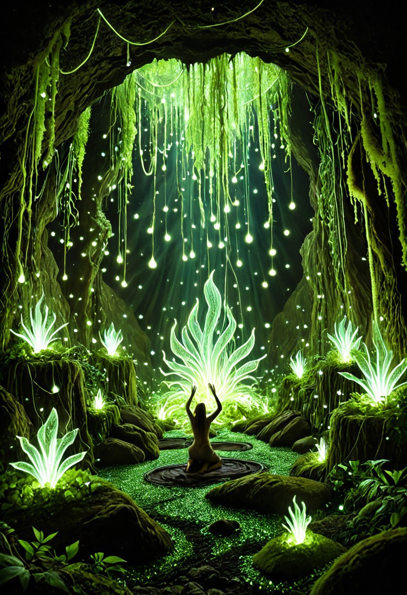 a mysterious female shaman kneeling on glowing moss in a shimmering cave, bioluminescent vines hang from the ceiling, her hands raised, summoning pulses of golden and violet light, surrounded by glowing glyphs on the stone walls, her outfit woven from plant fibers and glowing threads, deep blues and purples dominate the scene, magical atmosphere, side-lit with soft glows, fantasy concept art style, richly detailed environment