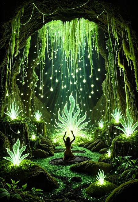 a mysterious female shaman kneeling on glowing moss in a shimmering cave, bioluminescent vines hang from the ceiling, her hands raised, summoning pulses of golden and violet light, surrounded by glowing glyphs on the stone walls, her outfit woven from plant fibers and glowing threads, deep blues and purples dominate the scene, magical atmosphere, side-lit with soft glows, fantasy concept art style, richly detailed environment