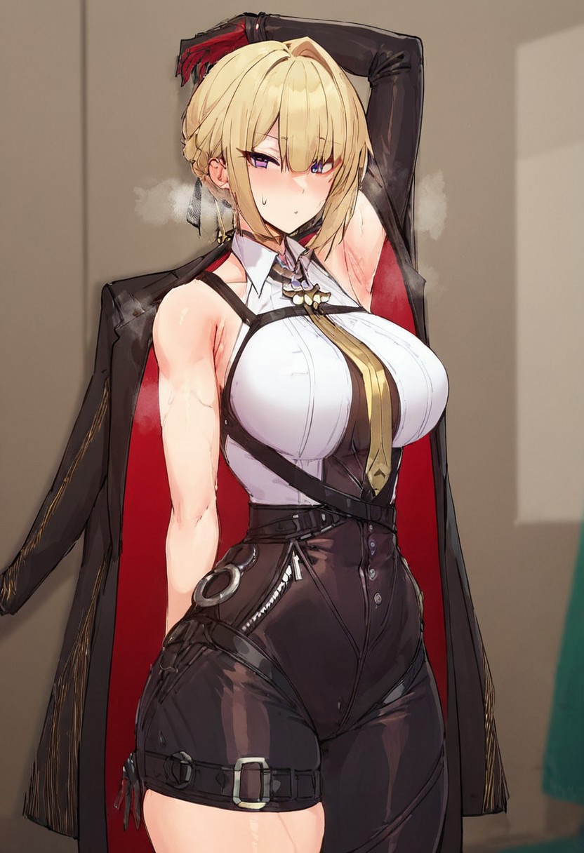 score_9,score_8_up,score_7_up, 1girl, Evelyn_ZZZ, medium breasts, blonde hair, black gloves, breasts, purple eyes, jewelry, necktie, jacket, looking at viewer, tight dress, indoors, short dress, covered navel, tight clothes, taut dress, taut clothes, bare shoulders, open clothes, curvy, standing, collarbone, cowboy shot, thick thighs, sleeveless dress, doorway, door, arm above head, armpit crease, armpits, arms up, sweat, sweatdrop, steam,