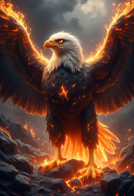 A massive eagle with wings made of glowing molten lava, ash trailing behind. aidmaMJ6.1 ral-ertmsphr ral-faize
