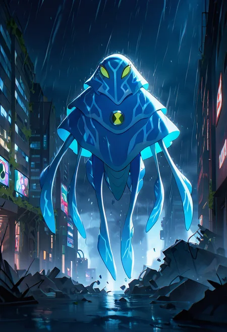 masterpiece, best quality, amazing quality, very aesthetic, absurdres, newest,, detailed background, 
 ampfibian, full body, pokemon (creature), no humans, colored sclera, green eyes, blue skin, tentacles, extra eyes, colored skin, squid, jellyfish,   no mouth, 
heavy rain, in city, destroyed city, overgrown city, dark sky, rain,