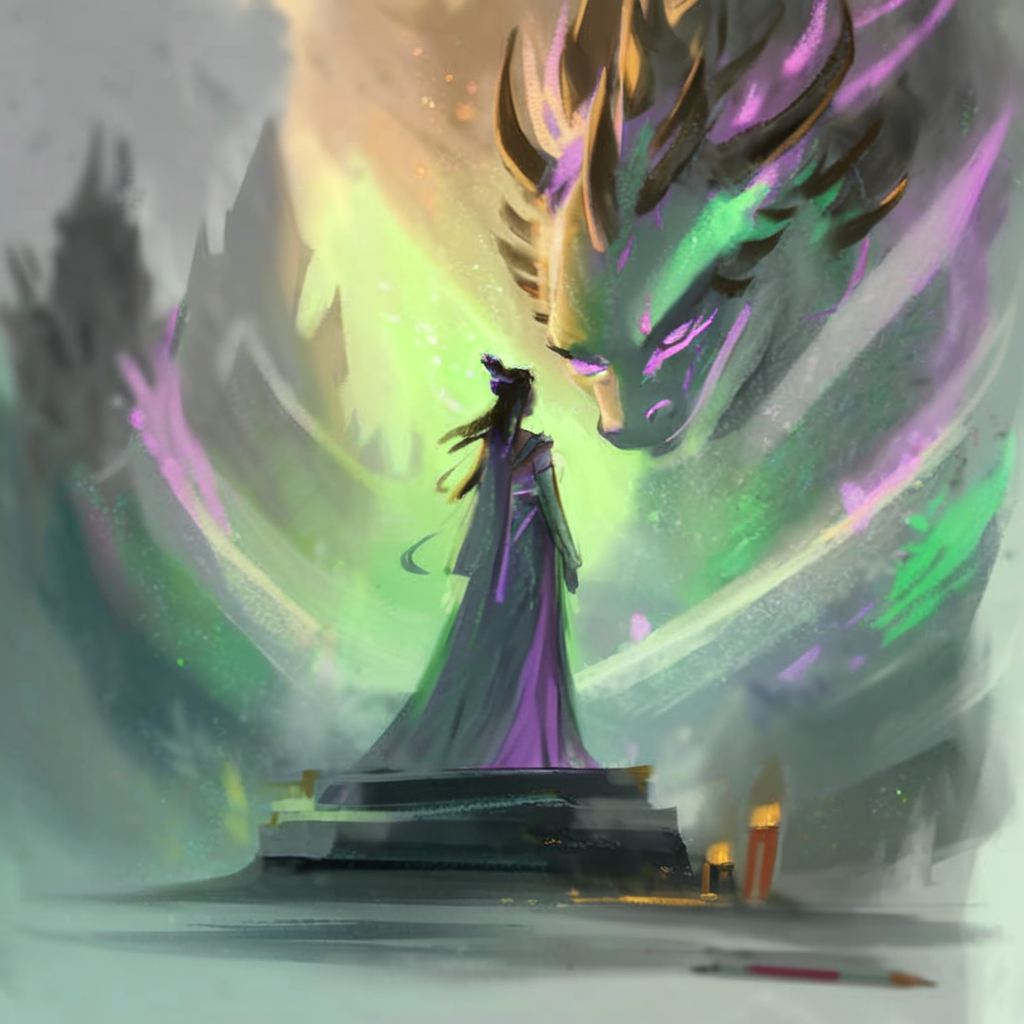 drawix16 dragon princess powerful dragon in the background<lora:drawix16:1>