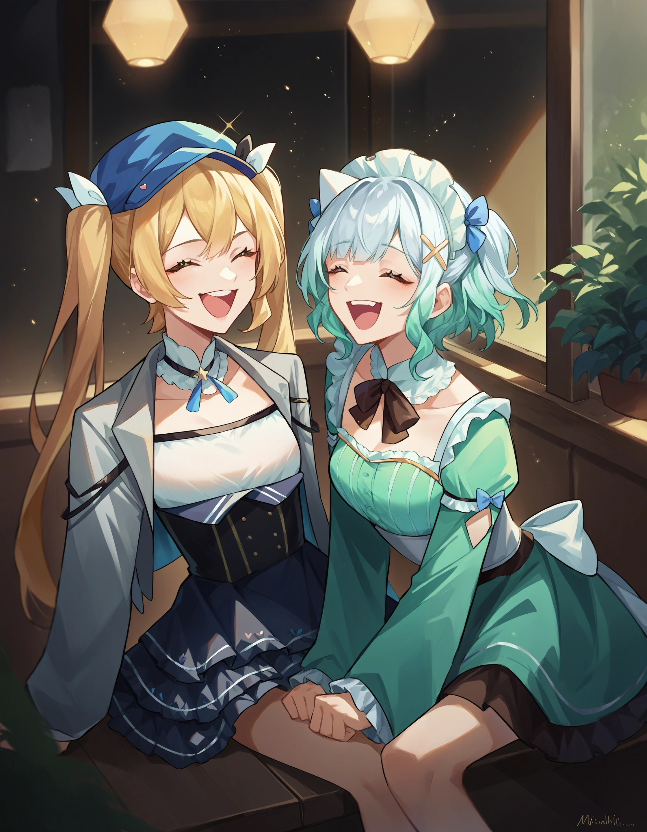 score_9, score_8_up, score_7_up, source_anime, 2girls, sitting together, cafe, laughing, light particles,
ADDCOMM 
2girls, dokibrdcorset, corset, blue headwear, grey jacket, cabbie hat, bare leg, frilled skirt
 ADDCOL 
2girls, mint fantome \(frilly\), maid headdress,
<lora:char_dokibird-pony-v1.6:1> <lora:char_mintfantome-v2-pony_1_res:1>