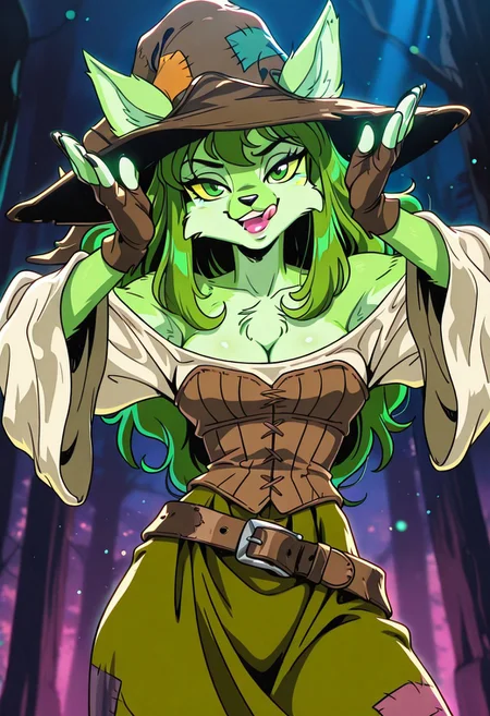 SophieSW, 1girl, solo, furry female, anthro, green hair, long hair, wavy hair, animal ears, patchwork brown witch hat, yellow sclera, green eyes, black snout, green fur, patchwork clothes, white shirt, wide sleeves, large breast, cleavage, brown corset, belt, green patchwork skirt, thick thighs, brown fingerless gloves, bare shoulders, ears through headwear,
,seductive pose, sexy pose, tease,
masterpiece, best quality, fine details, intricate details, depth of field, subsurface scattering, bokeh,
ultra-detailed, very aesthetic, detailed background, newest, scenery, highres, absurdres, colorful, vibrant, glowing, perfect face, 2d, perfect eyes, vibrant saturated colors, volumetric lighting, sharp, detailed eyes, perfect anatomy, perfect face, perfect eyes, mature body, clear eyes, beautiful eyes, athletic, curvy body, athletic girl, perky tits, perfect tits, round breasts, pinup pose, teasing, lustful expression, perfect hands,
muscular female, dutch angle,
arms up, armpits, open mouth, licking lips, head tilt ,armpits focus,
,Smooth Negative, Smooth_Quality,
90s_anime_aesthetic, 1990s (style), dark_fantasy_style, dark fantasy, retro,, retro artstyle