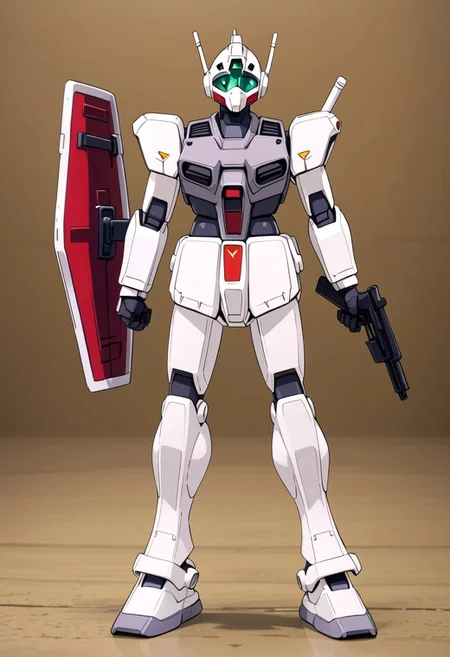 score_9, score_8_up, score_7_up, source_anime, cowboy shot, front view, BREAK, ( gm_cold_districts_type, looking to the side, standing, beam saber on back, rifle, shield, holding shield up, ) 1mech, mech focus, solo, BREAK, hangar background,