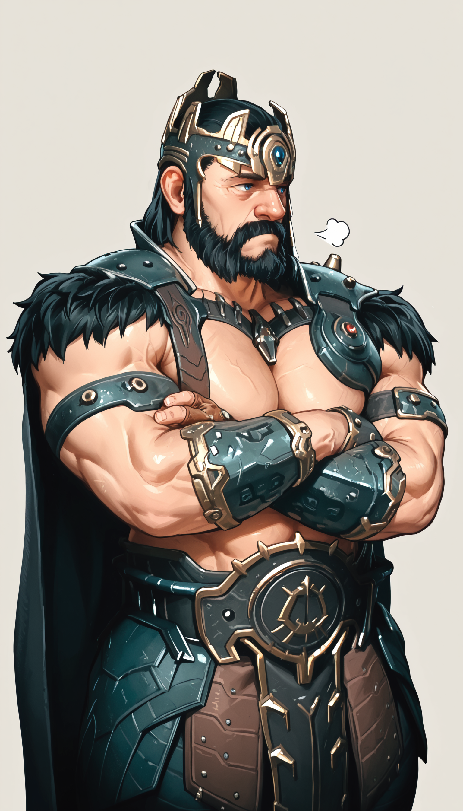 1boy,male focus,solo,

simple background,cowboy shot,

standing,crossed arms,

looking to the side,light frown,thinking,puff of air,

KingNovik,black hair,blue eye,beard,mustache,crown,cape, fur trim,single fingerless glove,vambraces, rerebrace,
muscular,mature male,pectorals,abs,

masterpiece, best quality, newest, absurdres, highres,