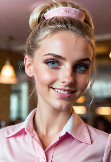 photo looking up at a 20 year old Russian waitress, pastel pink waitress uniform, messy bun, small breasts, petite, perfect eyes, hard shadows, glossy lips, radiant god rays, grainy, smiling