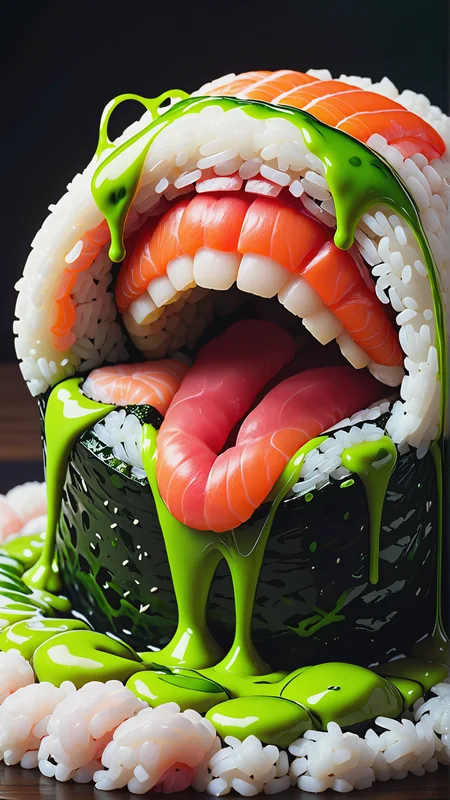 <lora:SushiStyleXL:1>SushiStyle medium shot open human mouth with thick viscous green slime oozing out, thick red lips, human staring blankly ahead, melancholy, unsettling, art house film aesthetic, color grain 3 5 mm, hyperrealism, 8 k, high detail, sharp focus, made out of sushi, sashimi, rice, (japanese:0.5), crafted with sushi, (Masterpiece:1.3) (best quality:1.2) (high quality:1.1)