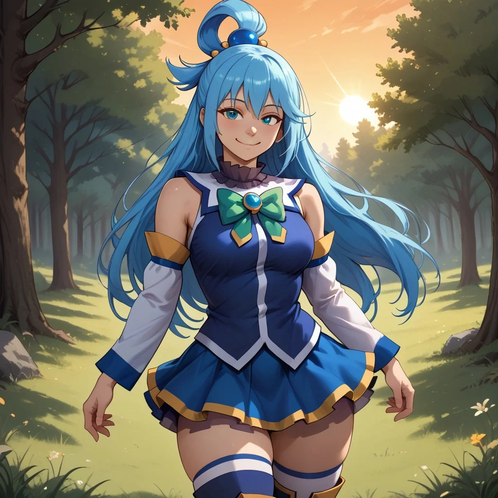 score_9, score_8, BREAK, solo, girl,aqua (konosuba), kono subarashii sekai ni shukufuku wo!,blue hair,long hair,hair rings,single hair rings,blue shirt,blue skirt,hair ornament,bare shoulder,green bow,detached sleeves, thighhighs,thigh boots, sexy pose, self portrait, smile, outdoors, sunlight, shadows, evening lighting, natural lighting, forest, trees, grass, orange sky, sunset